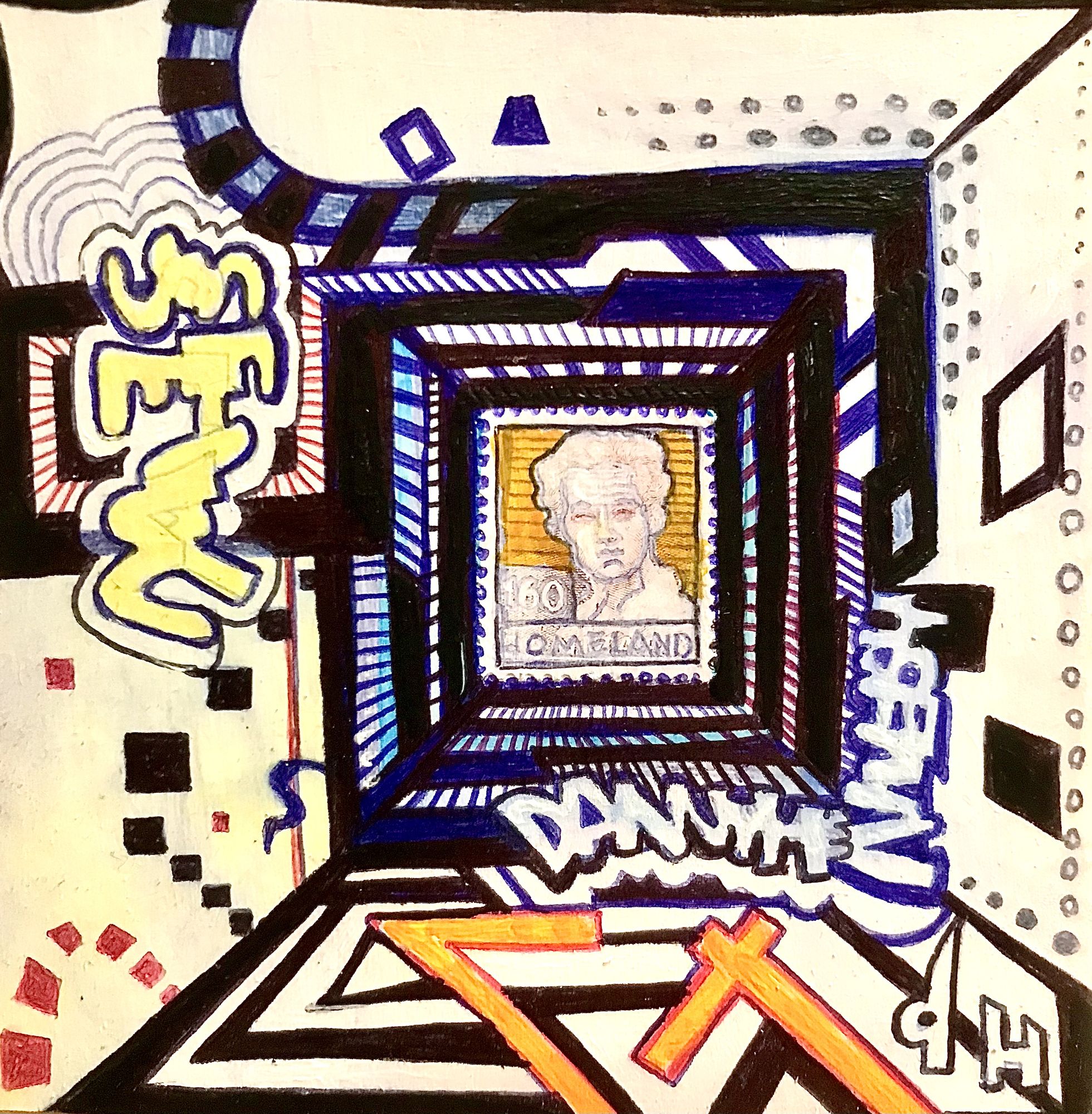 A tiny philatelic stamp at the far end of a psychedelic corridor with an illusion of space in the style of psychology 