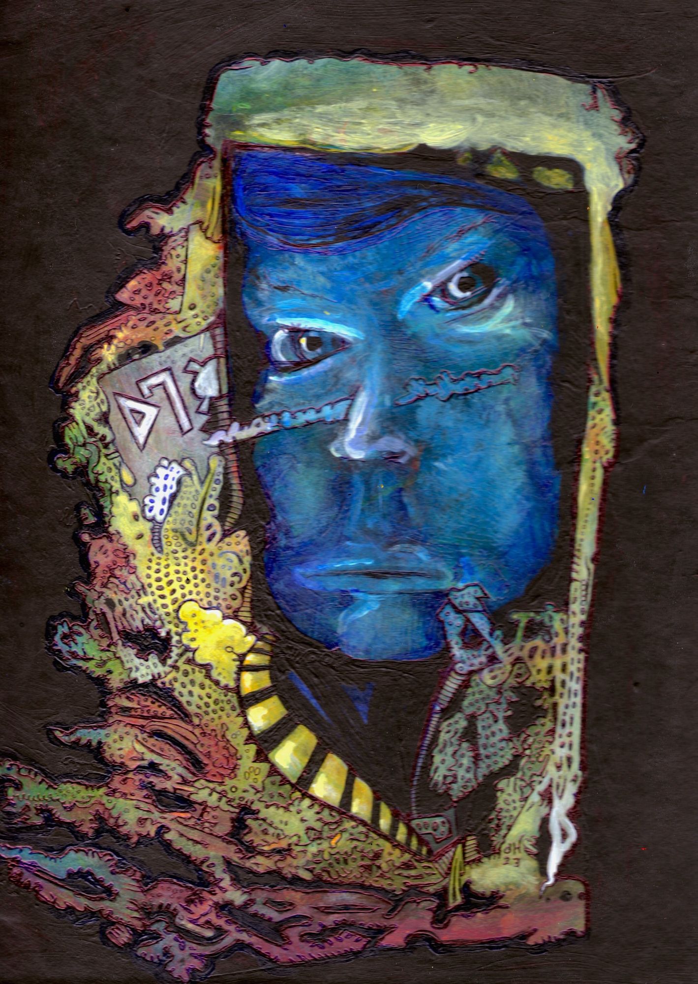 A mug where an eye of the owner seem to wander across his face just as in a young halibut also he wears a poor quality wig around him a surr...