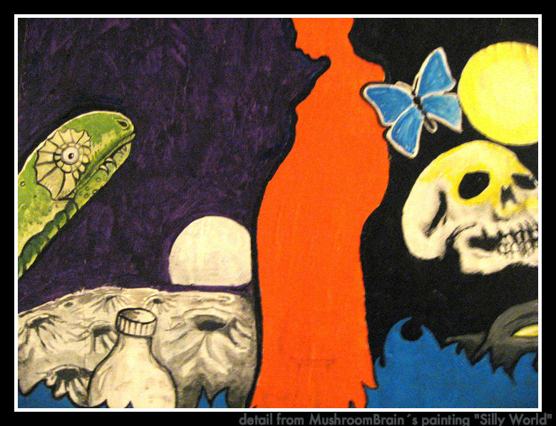 A reptile alien peeks from the far left behind it is a moon-landscape in the middle is an orange stencil-like outline of a woman and at the...