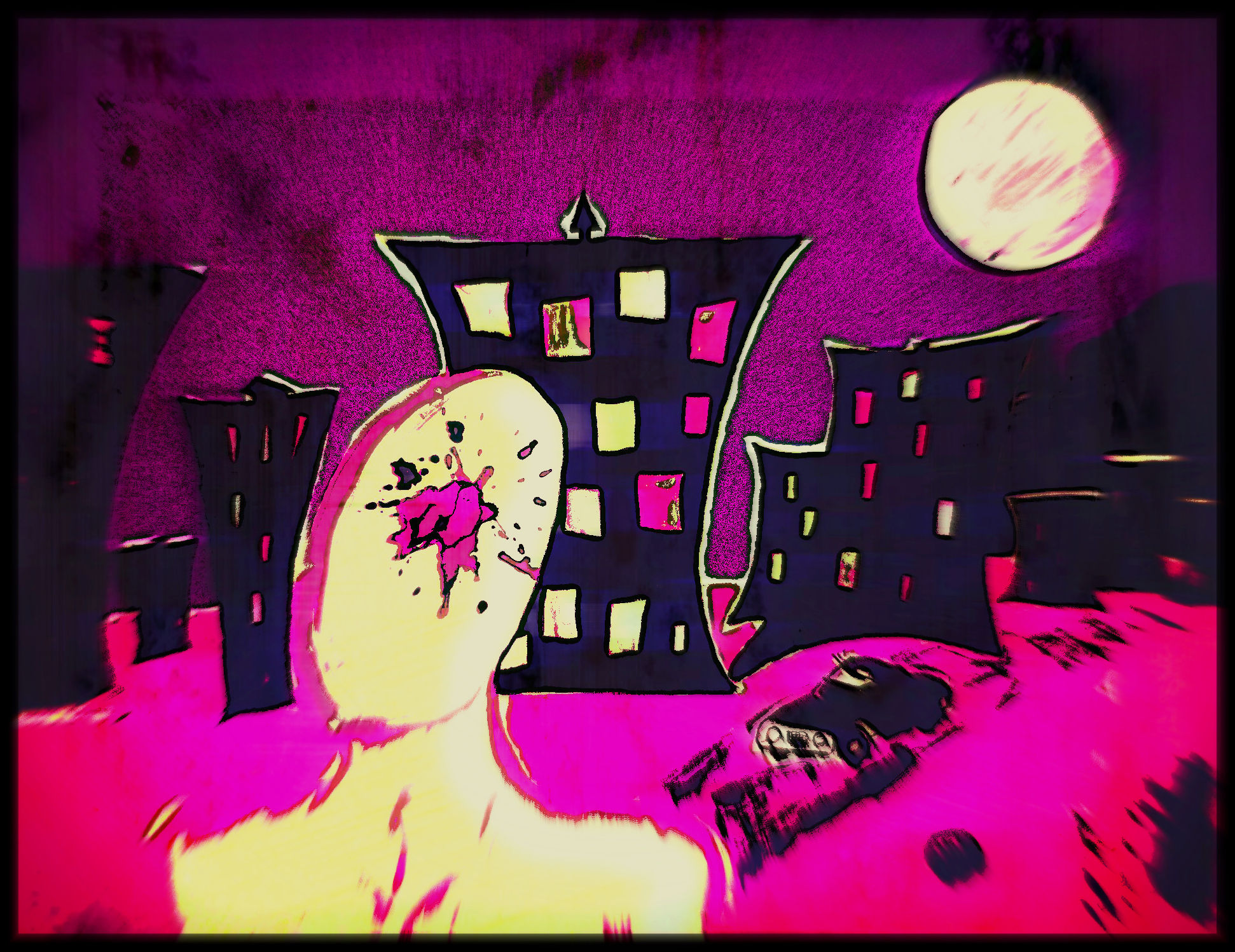 a faceless man with spatter in his face stands before a nightly suburban landscape surreal dark houses are dim dark outlines against the dim...