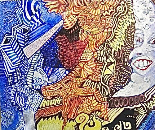 a extremely fine detail painting, the is a man-in-the-moon crescent at the far left and then a vibrant pattern hides an ant in camouflage ma...