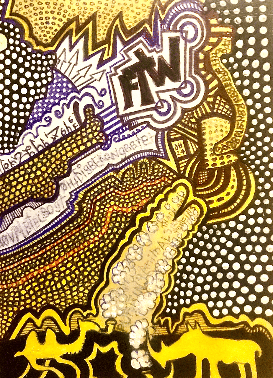 The uncanny lizard-man king Lizard casting an alchemic spell of elemental magic on it’s adversary the rampaging stomping trample rhino known...