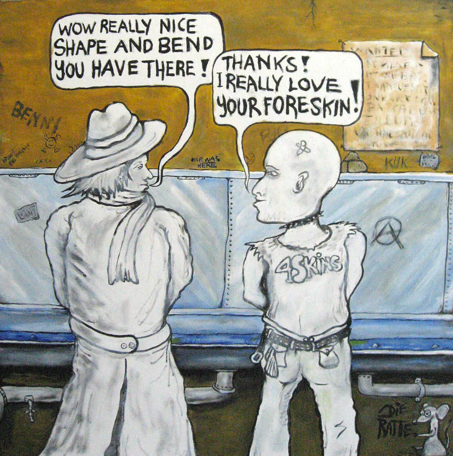 Pop-art color grey figures wc graffiti on urinal cipher the text in speech-bubbles