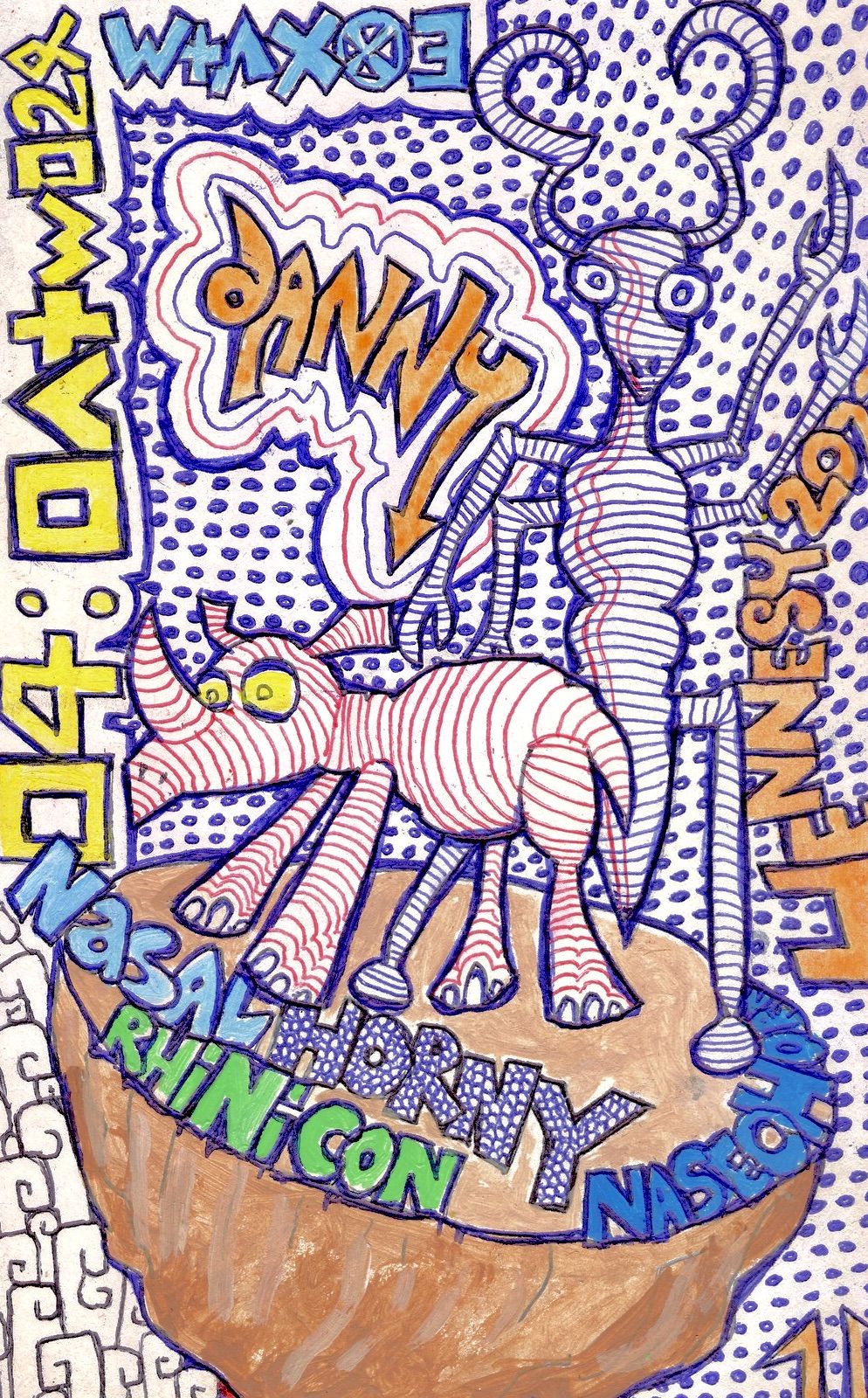 Hypnotic pattern that forms a rhino and a standing insect. Alternating lines in the style of a mesmerizing dazzle