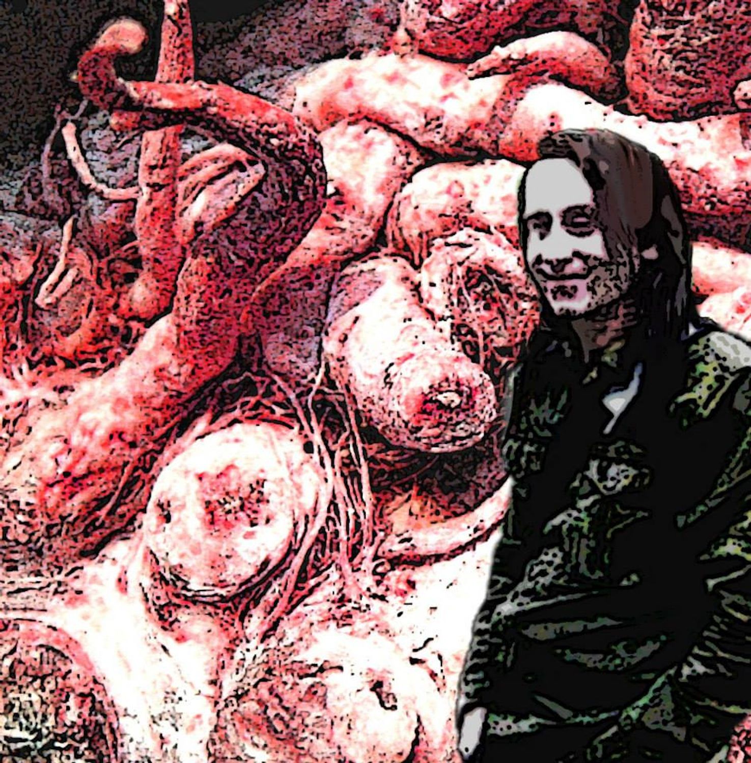 A smiling man in a leather jacket standing next to a gigantic mutant crossbreed octopus-alien his best friend. In the style of sci-fi surrea...
