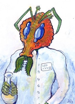An alien insect-like scientific professor with tri-lobed compound eyes and crusty husked skin in a lab gown holding a test-tube in his non-h...