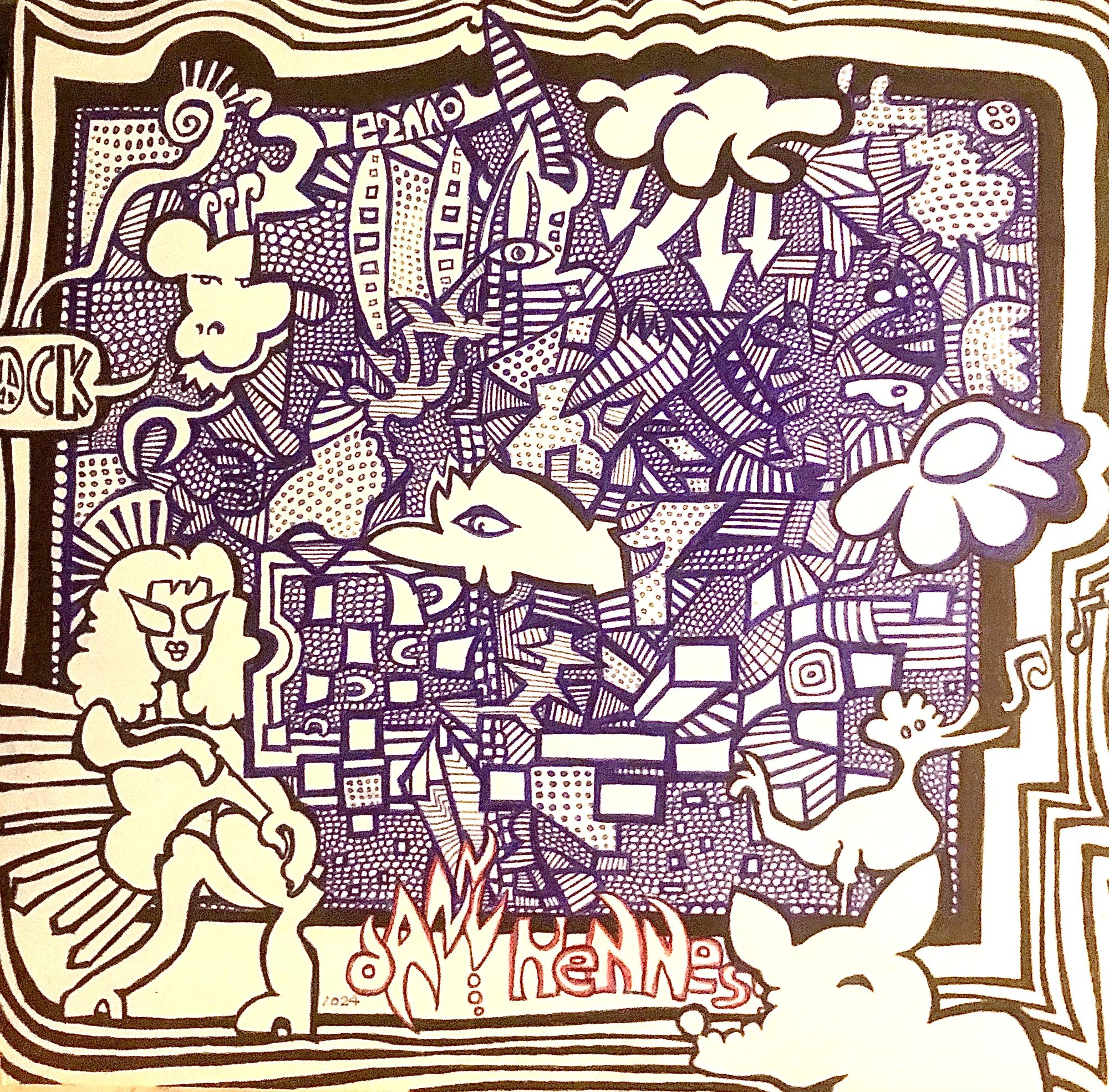 A girl sitting on a park bench dreaming surrealistic geometric thoughts containing loads of different patterns. In the style of structuralis...