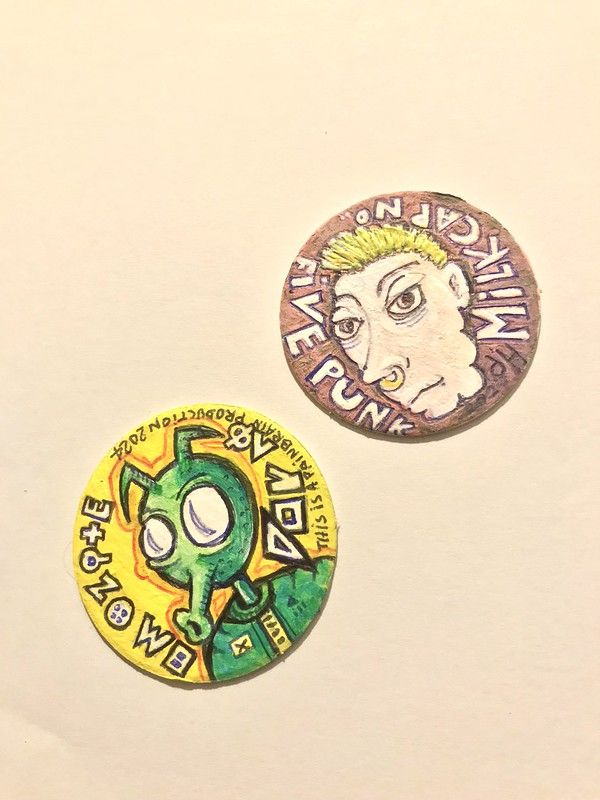 "ATC No. 43 & 44" “spouty snouty trunky space-chap ” and “butch mohawk septum punk femme” collectible pog whammer milk caps custom DIY comi...