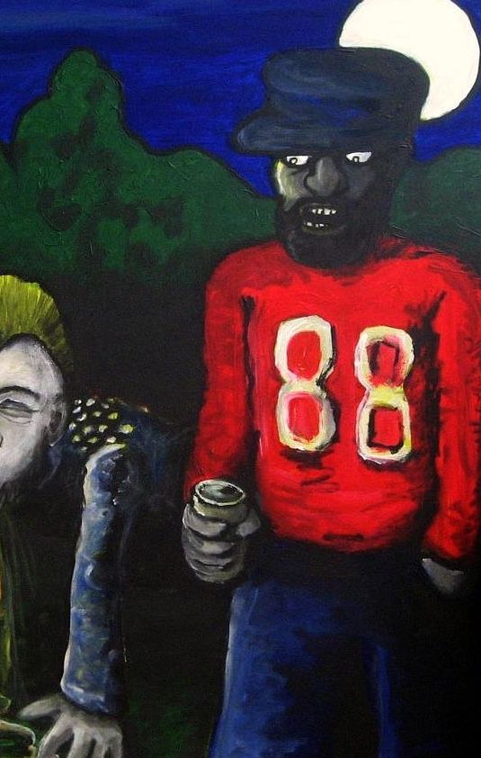 A guy drinking beer at a park at the midnight hours by bushes and a dark sky. To his right mainly of picture his friend is bent over puking...