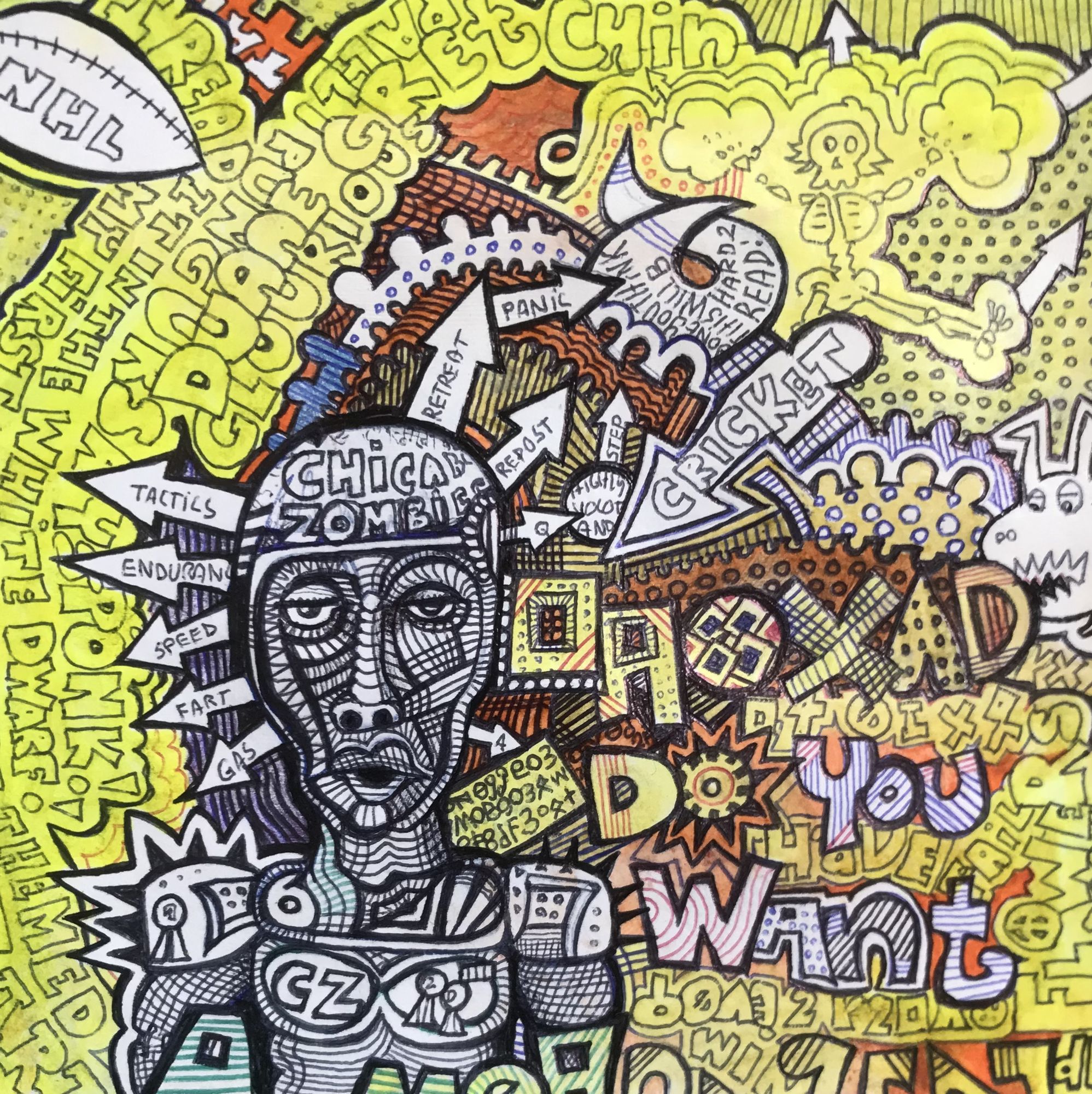 A undead cricket-soccer-hockey player surrounded by text and detailed geometric cluttered doodles a Zombie sport celebrity on a strange odd...