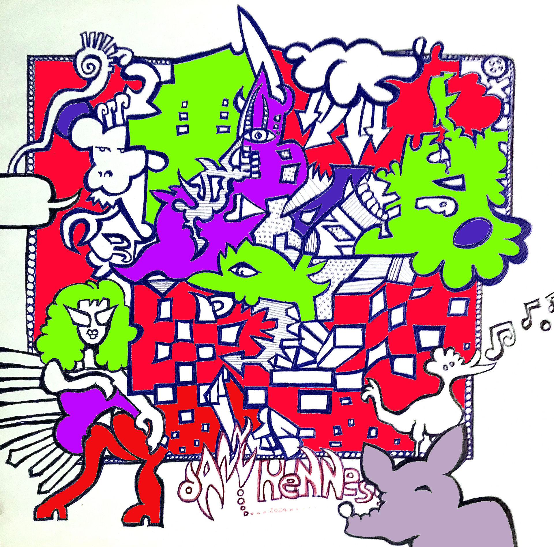 A pencil drawing sketch portrait of a comic figure. Background a abstract bendy lines creation. In the style of pop art