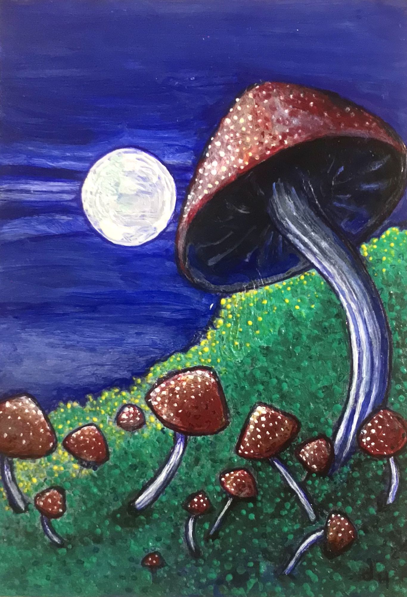 A small bushy glenn where giant freckled mushrooms grow lit by the moonlight at a tranquil night. In the style of detailed airbrush