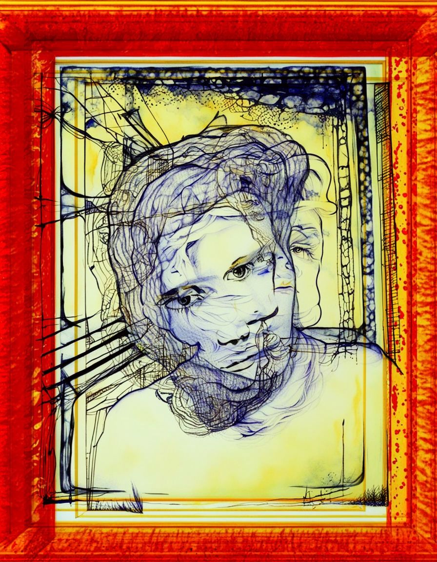 A rare picture of the iconic Grunge musician Kurt Cubain on stage. Only the upper body of the singer with his long hair hanging over his fac...