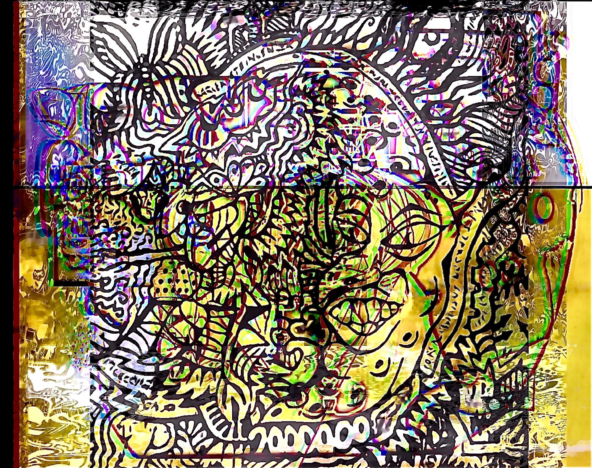 A chaotic scribbled-like surreal image of a crescent moon and extreme clutter of dark fantasies in the style of an outsider artist venting h...