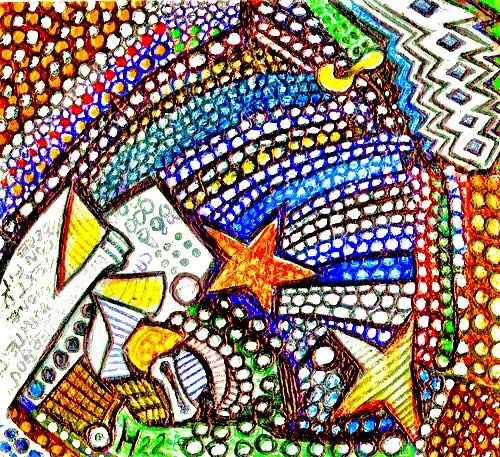 a extremely fine detail painting, the is a man-in-the-star crescent at the far left and then a vibrant pattern hides an ant in camouflage ma...