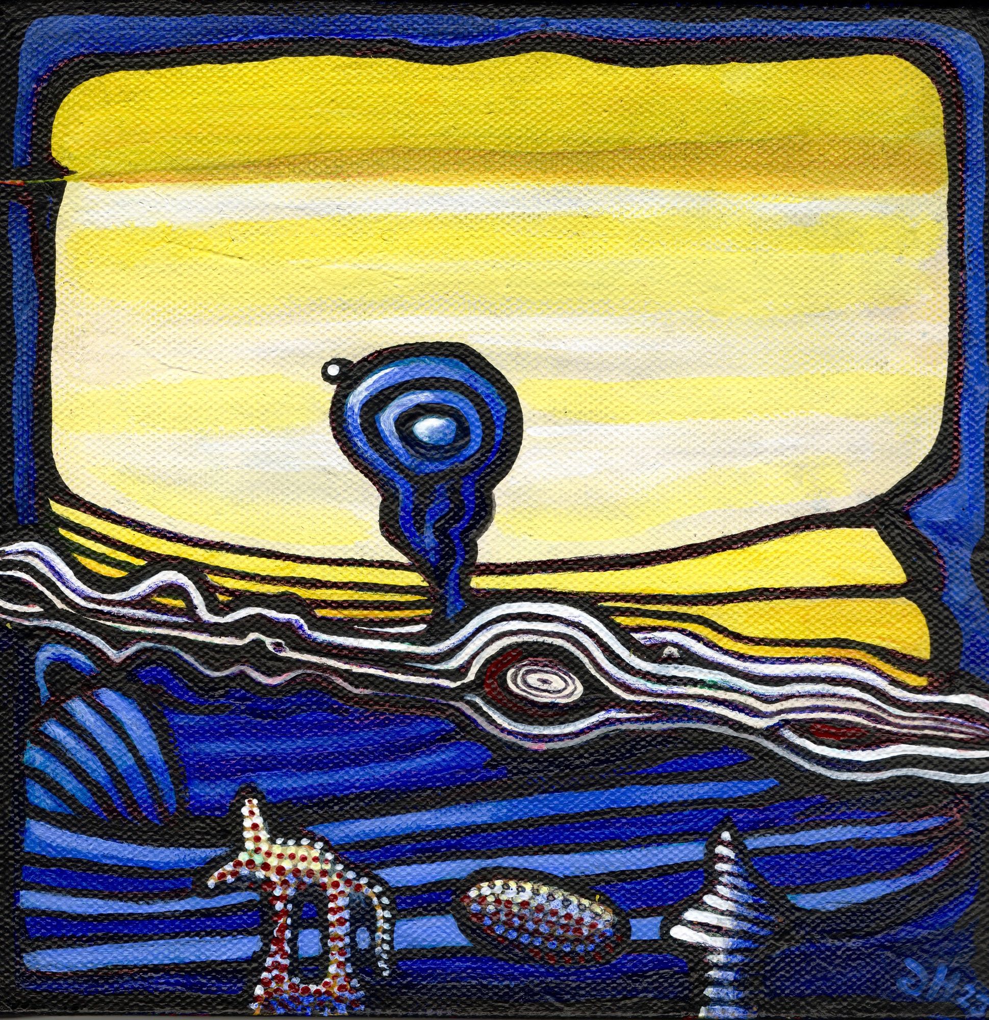 Semi-Transparent skyline and wavy water-like  liquid ground with 3d objects with volume makes of a vignette all framed and very dreamy, surr...