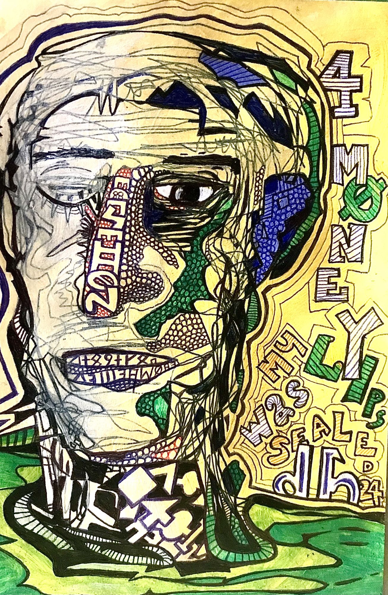 A fractal face mug portrait that an outsider artist stuck in a mental asylum trying to get mentally fit his self-perception is twisted and w...