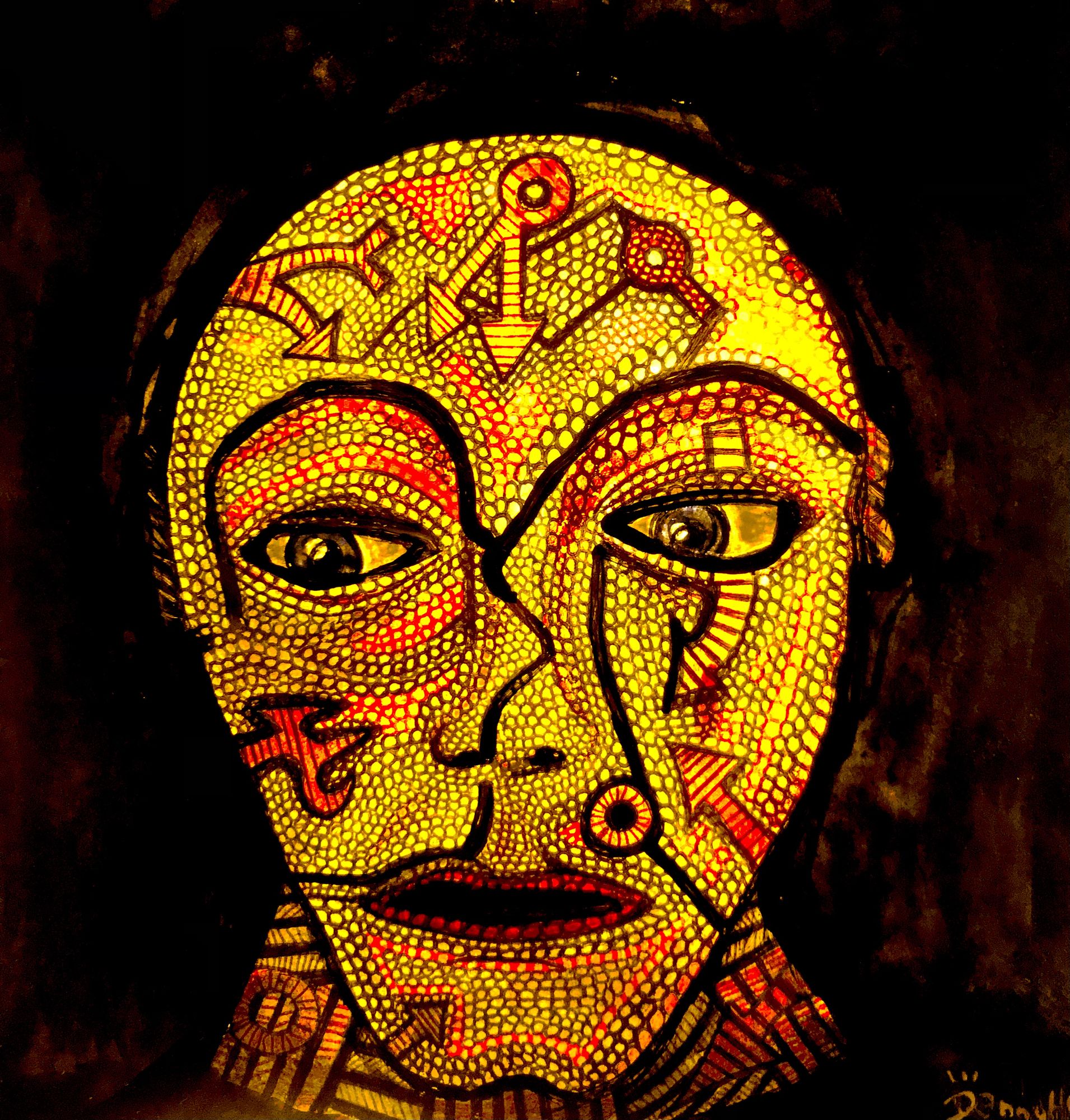 A man shying away from a harsh world while hiding behind his hand from the horror one eye peeks through a gap all composed in small dots sim...