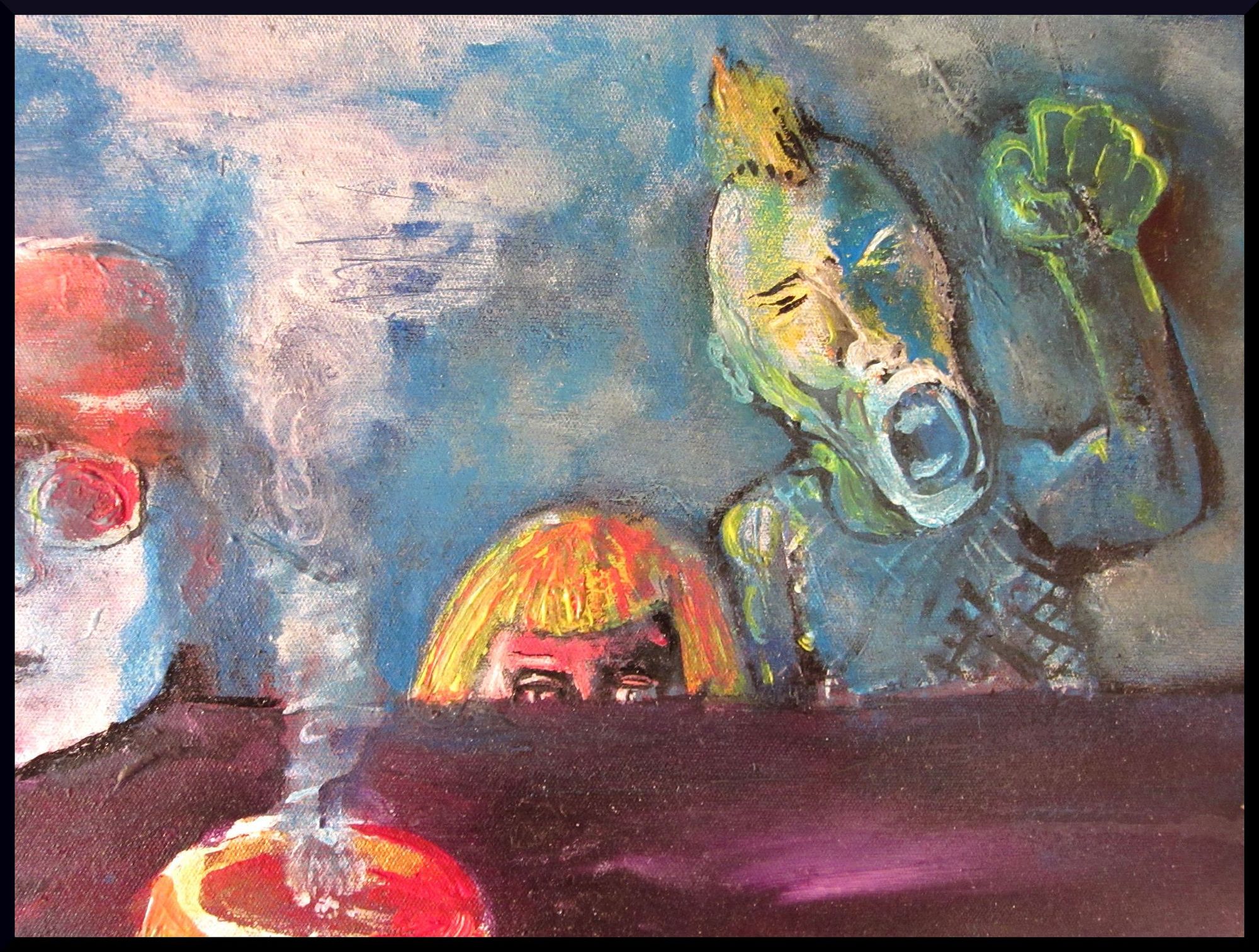 to the far left a KGB-agent in the foreground there is an ashtray smoking a thick fog in the middle a blond woman hides behind the edge of...