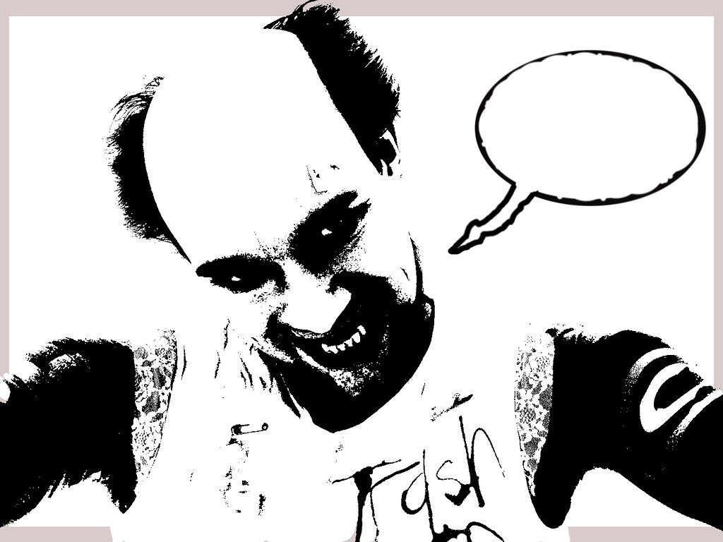 An insane killer clown speaking through a speech-bubble singing John Cage’s silent composition. In the style of carbon copying 