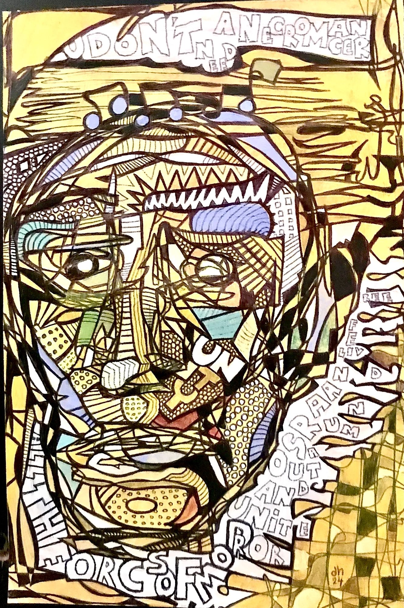 An outsider art painting that look rather fragmented even containing words with a composite portrait face emerging out of the insane random...