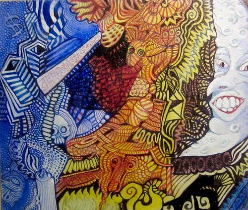 a extremely fine detail painting, the is a man-in-the-moon crescent at the far left and then a vibrant pattern hides an ant in camouflage ma...