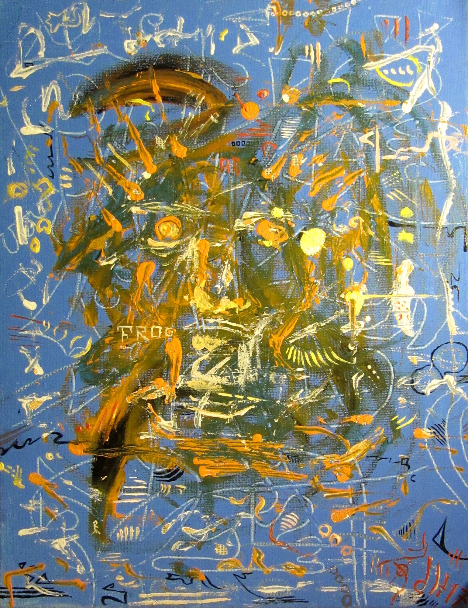 An abstract cluttered painting that hided a screaming male face in the lines, spatter and aleatoric shapes is it by chance or design or just...