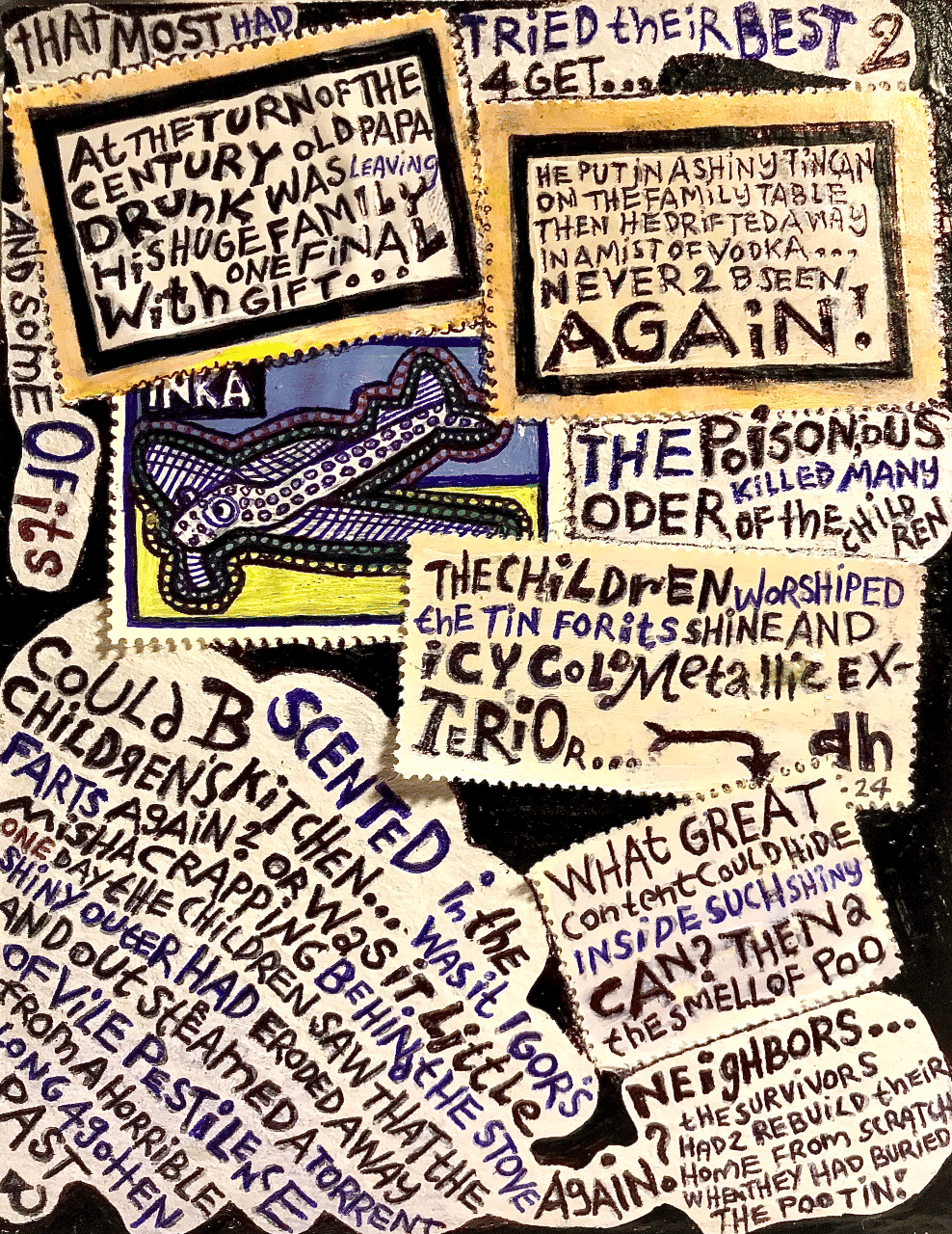 Philatelic stamps with small micro text poems written up one in the style of dadaism