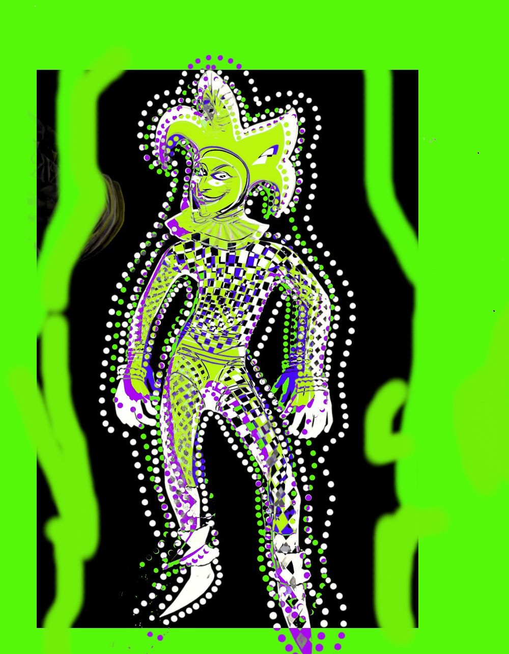 A chrome skeletal figure with a blade in a pitch dark box with other zombies in the background