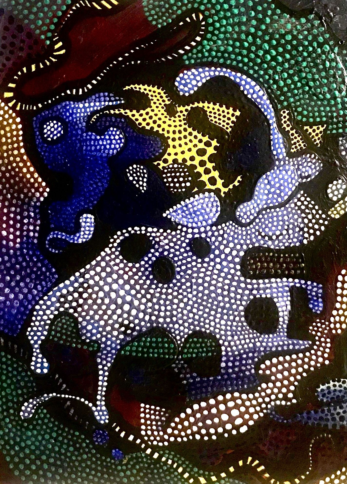 An array of abstract shapes made up of tiny small point-like neon shiny polka-dots quite a psychedelic experience make the image crisp sharp...