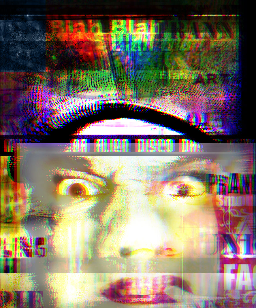 A poster for an underground experimental electronica noise art-band with a frontal portrait with the lead singer looking like a human snoute...