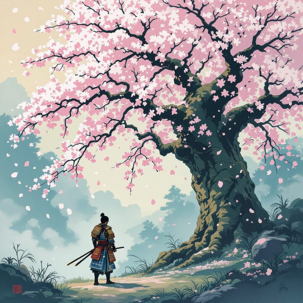 A solitary samurai warrior stands beneath a colossal, ancient sakura tree, its blossoms raining down like ethereal snow....