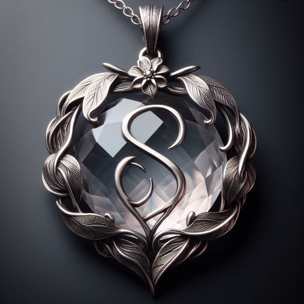 Pendant with a translucent stone, surrounded by silver beautifully worked to form different leaves. In the center, an “S” emerges from the t...