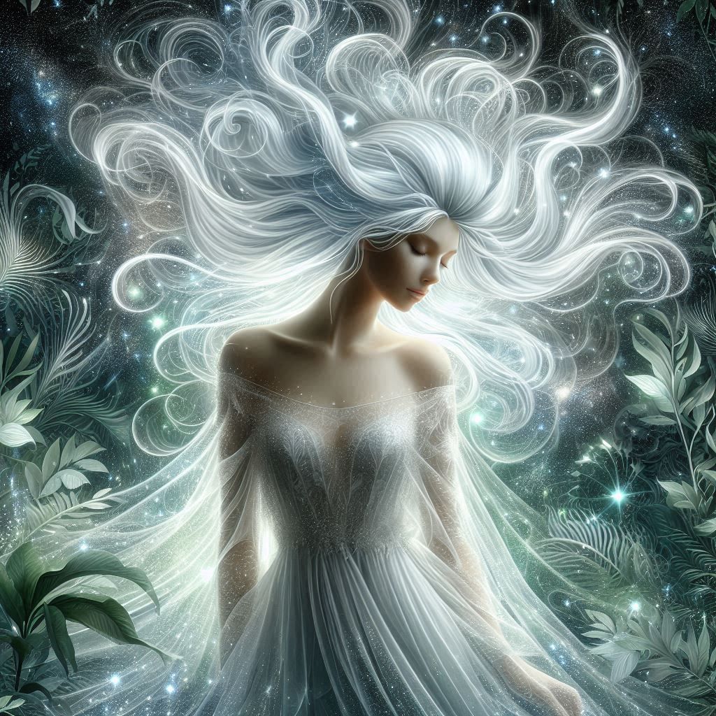Une illustration fantastique d'une femme aux cheveux blancs  flottants et éthérés enveloppés de lumière des étoiles, Avec un fond Végétal,...