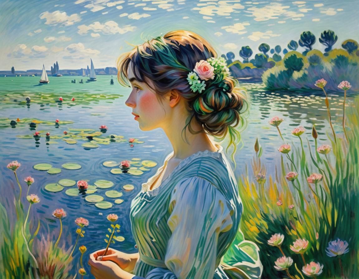 Une jeune femme aux longs cheveux bruns plonge dans l'eau, entourée d'une plage de sable blanc ensoleillé, mettant en valeur ses yeux bleus...