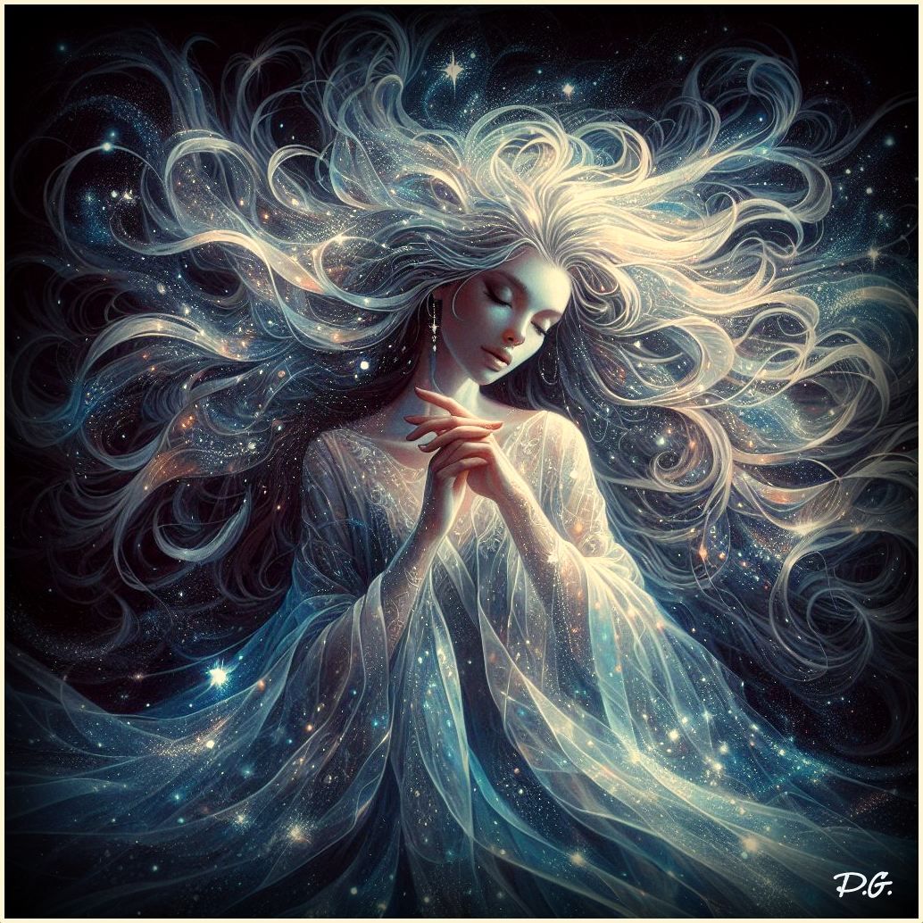 A surreal illustration featuring a woman with flowing hair, adorned in a golden, puffy gown. She is surrounded by orbs and intricate bubbles...