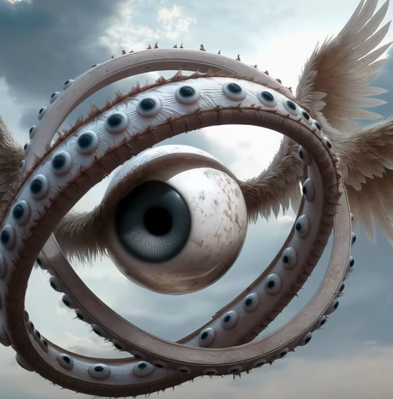 Open on a close-up of a single wheel, metallic and translucent like beryl, rotating with a nested wheel inside it. Dozen...