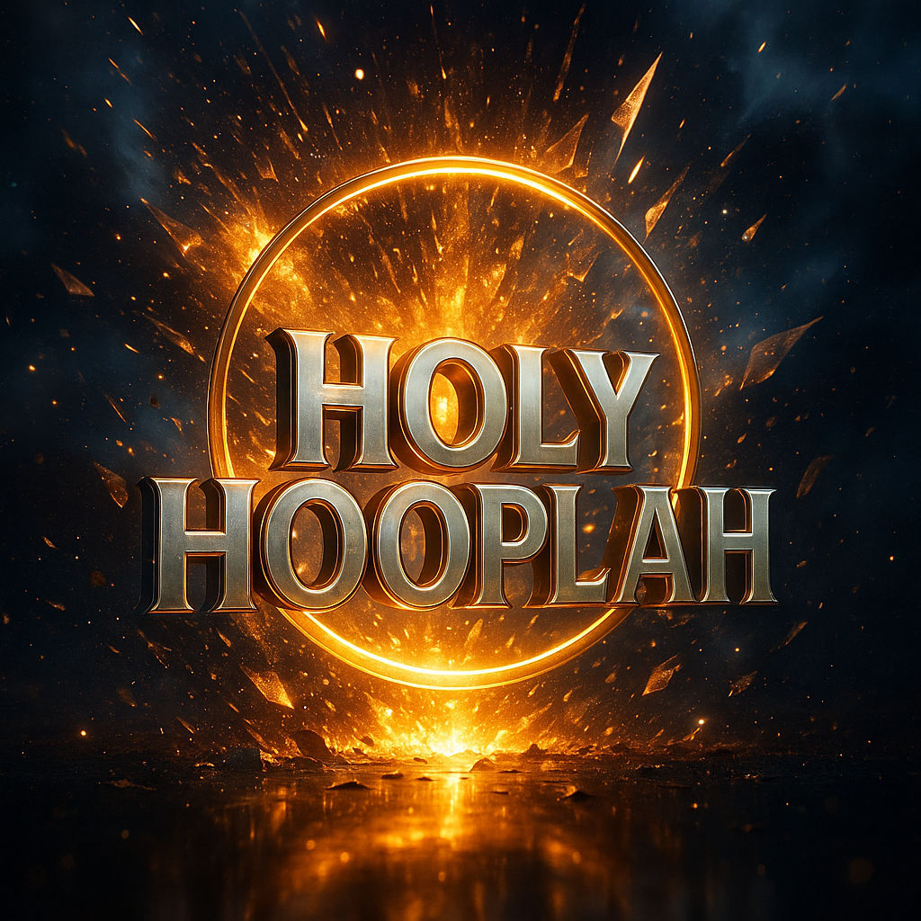 A hyper-realistic 3D animated logo intro of “HOLY HOOPLAH”. Scene opens in darkness as golden volumetric light pierces t...
