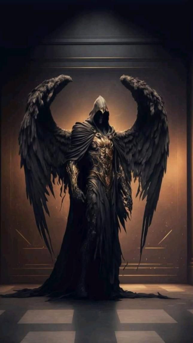 A colossal, fallen archangel stands beneath a celestial dome of gold-lit shadows. His massive black wings curve upward l...