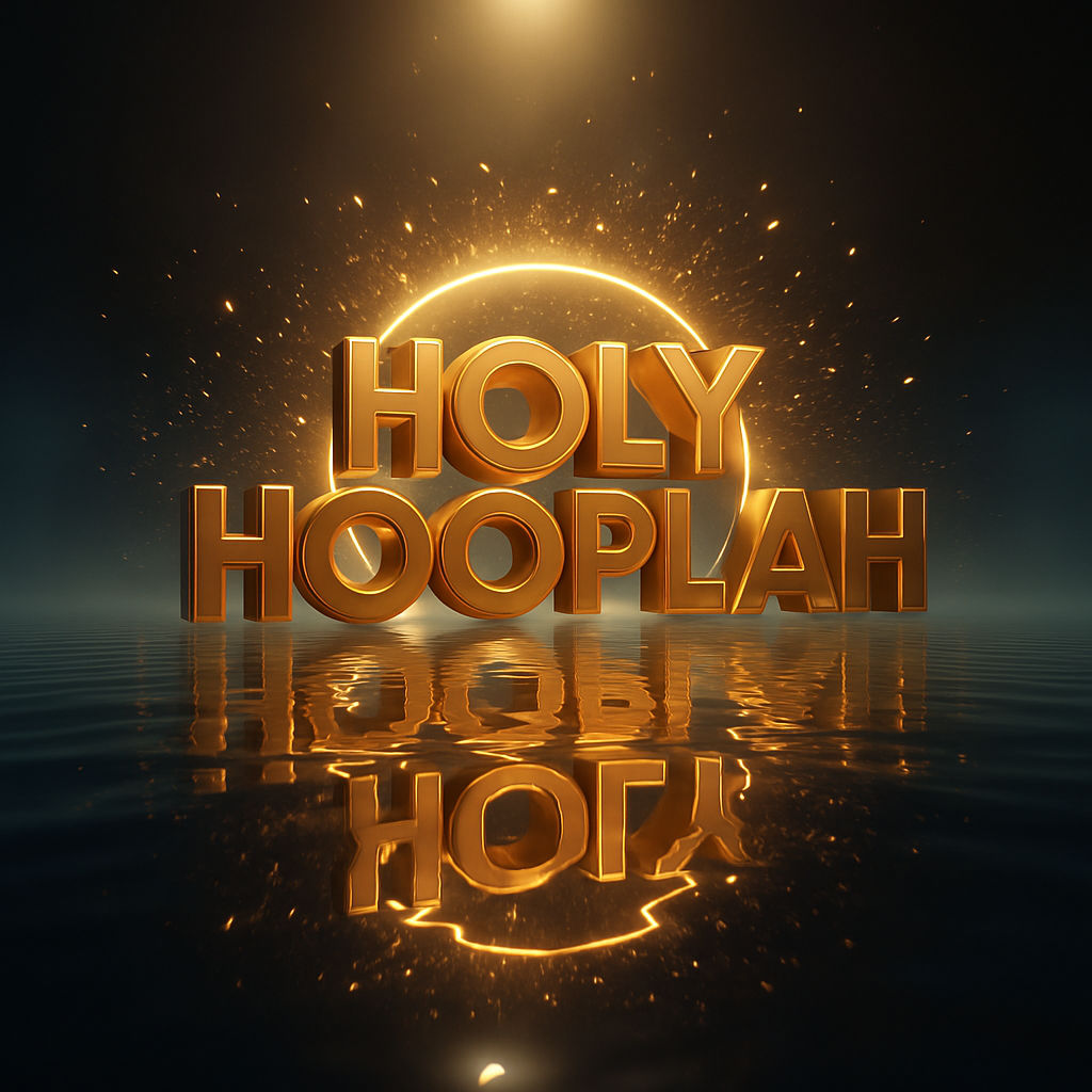 A glowing 3D golden logo that reads “HOLY HOOPLAH” floats gently over a perfectly glassy, reflective water surface at night. A radiant golde...
