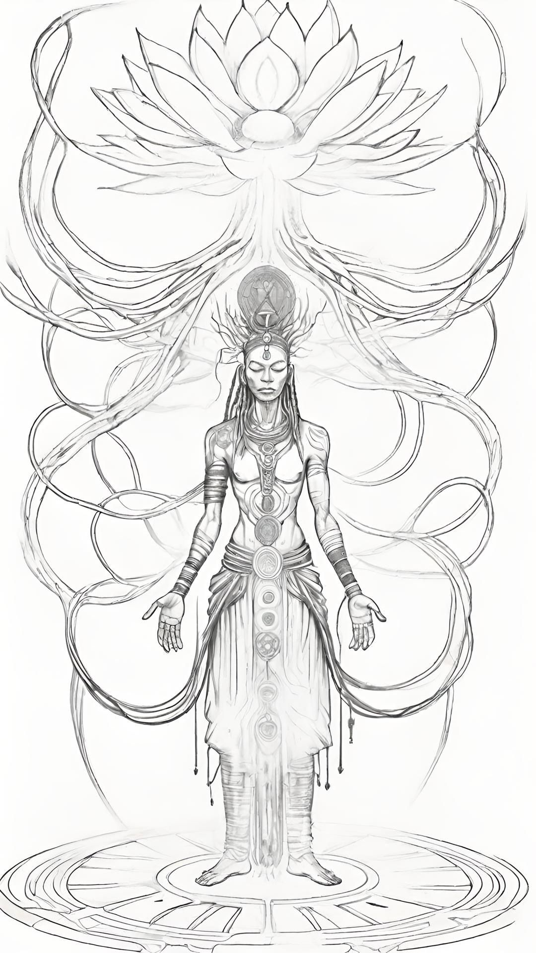 Cybernetic shaman with circuits for veins, meditating atop a giant lotus made of holographic data streams. Dreadlocks spark with electrical...