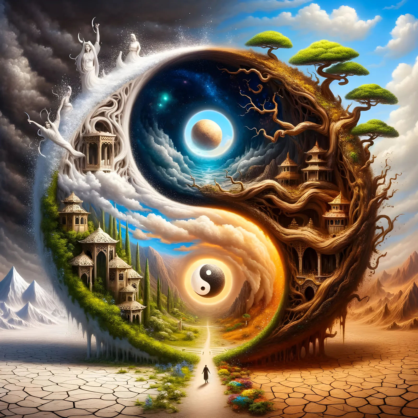 The figure slowly walks into the circle, the circle in the picture moves.