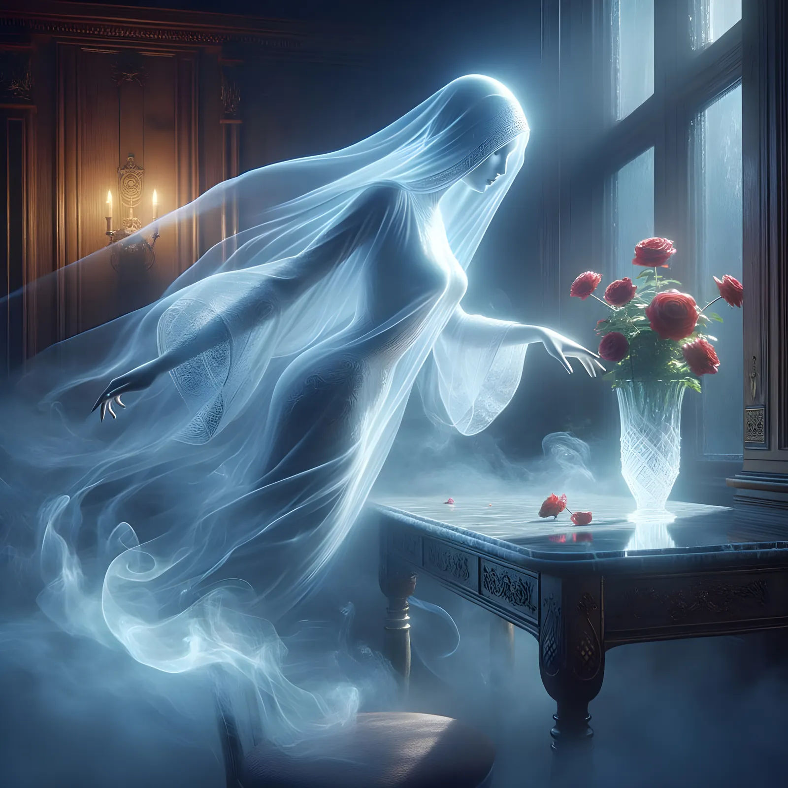 The ghostly figure, woman, slowly takes a rose from the vase and inhales the sweet scent