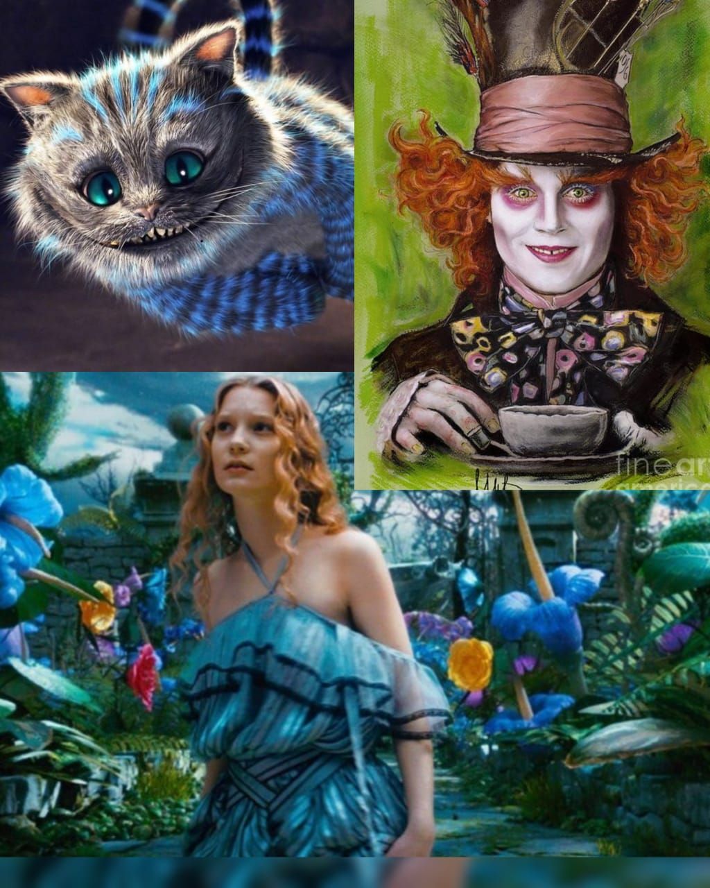 A watercolor painting of the Mad Hatter, the Cheshire Cat, and Alice in a birthday party