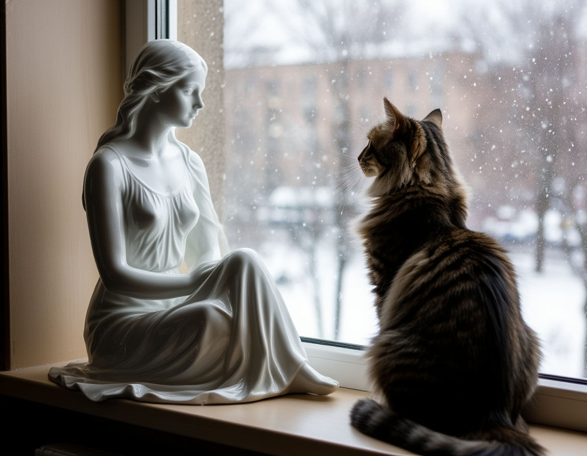 Large window, winter city outside the window. Inside, on the windowsill, there is a white porcelain statuette in the form of a seated young ...