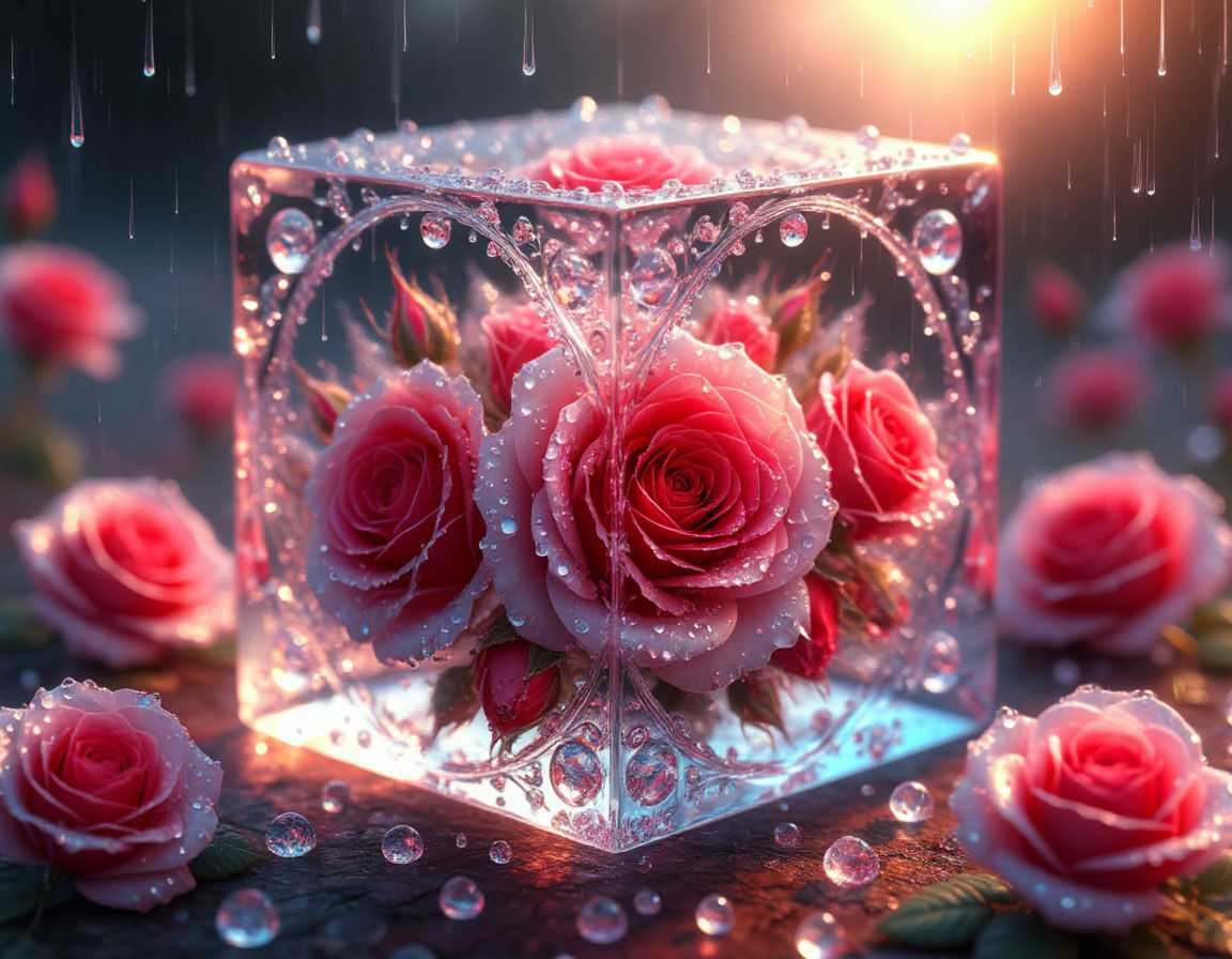 hyperrealism, filigree, crystal frame, inside a cube with faces, made of amazingly beautiful magical red and white small roses, dew drops, f...