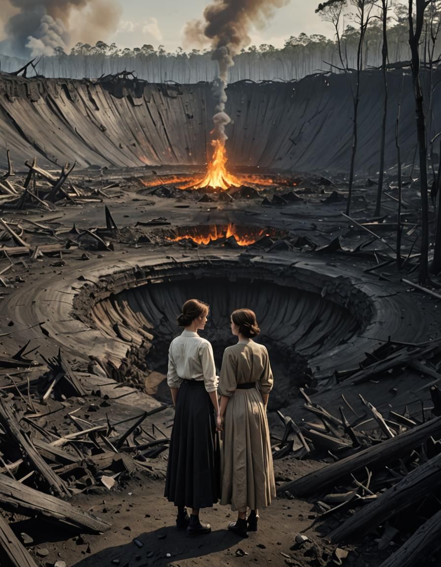 Prompt:

"Create a poignant and dramatic scene with a strong focus on a man and a woman standing together in the foreground of a devastated...