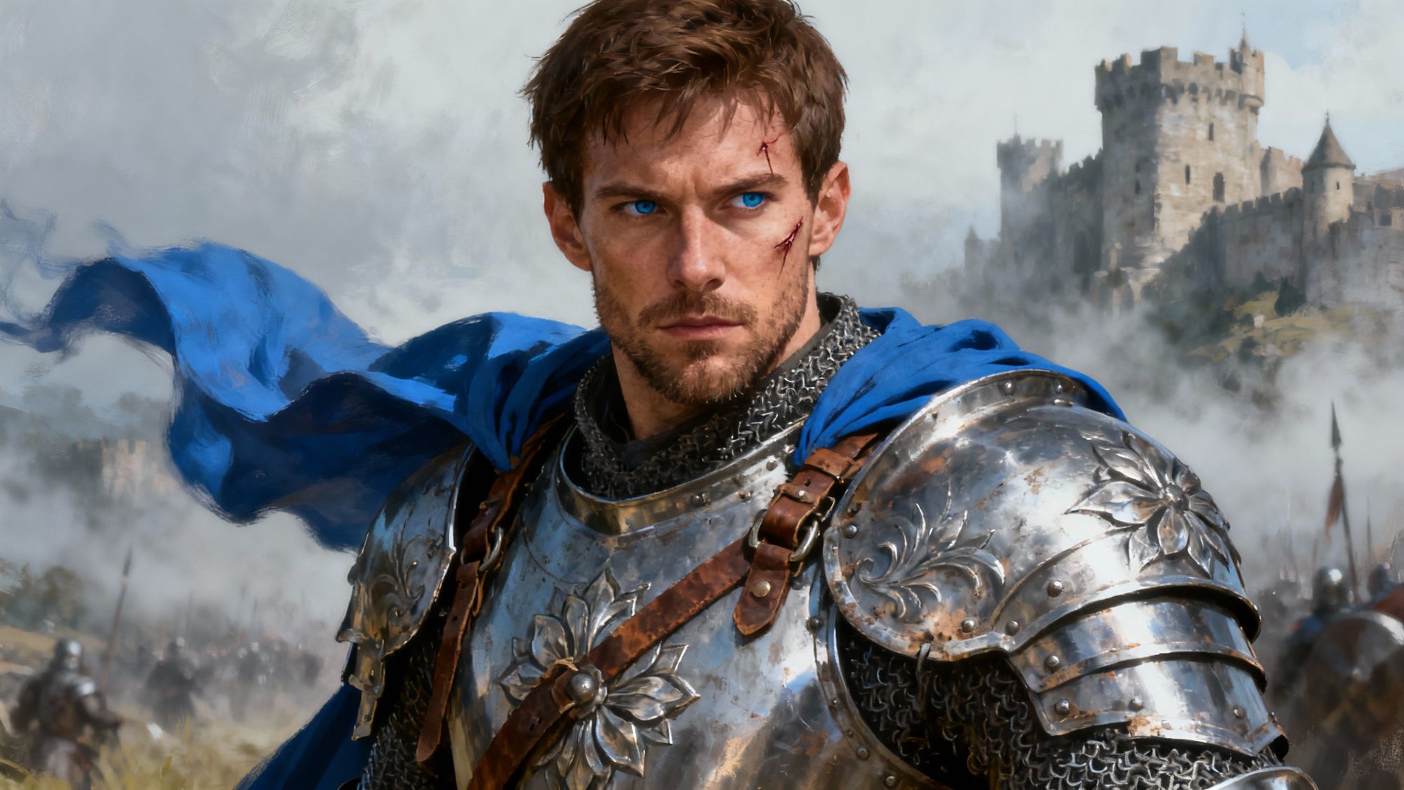 Close-up double exposure effect of the knight’s silhouette gradually dissolving into swirling mist and faint starry lights, ethereal and dre...