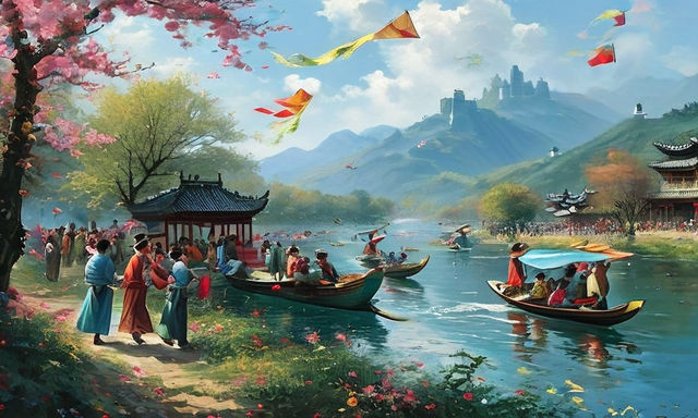 Create a dynamic and energetic scene depicting traditional Qingming Festival activities and customs. Illustrate people flying kites in open...