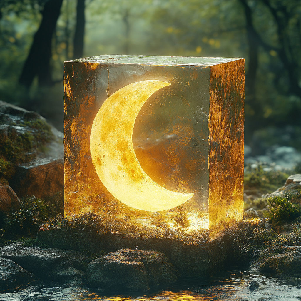 A glowing glass cube containing the crescent moon floats in an enchanted forest, surrounded by mossy rocks and lush greenery. The scene is b...